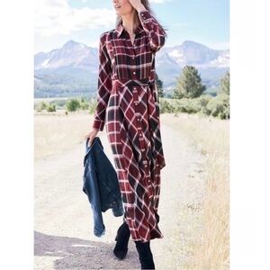 Soft Surroundings Gayle Tartan Cabernet Plaid Wool Blend Midi Dress 12 Heritage